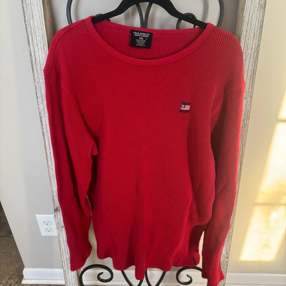 Polo Jeans Co Ralph Lauren Red Waffle Knit Thermal Flag‎ Logo XL Vintage